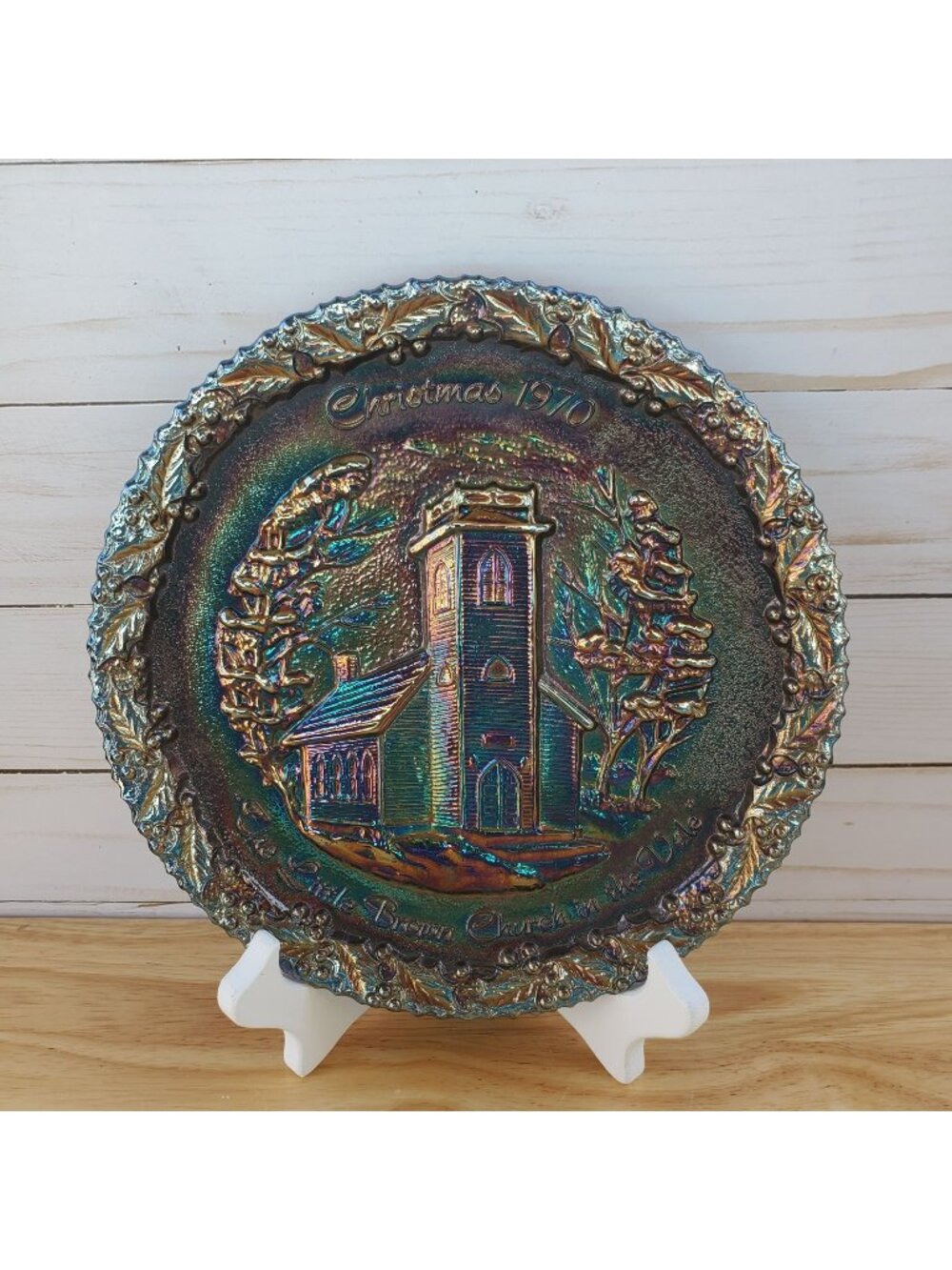 Vintage Fenton Christmas 1970 Carnival Iridescent Glass Collectible Plate MCM